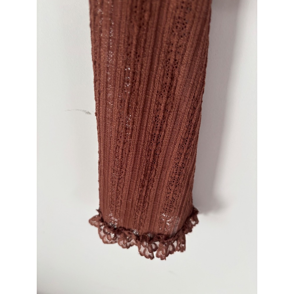 Altar'd State Brown Pointelle Lace Mock Neck Bell Sleeve Top cottagecore NWT M - Picture 5 of 11